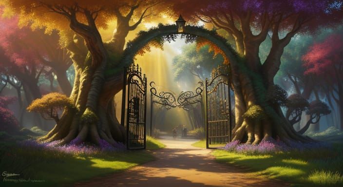 Magical Tree Gate: A Whimsical Oil Painting