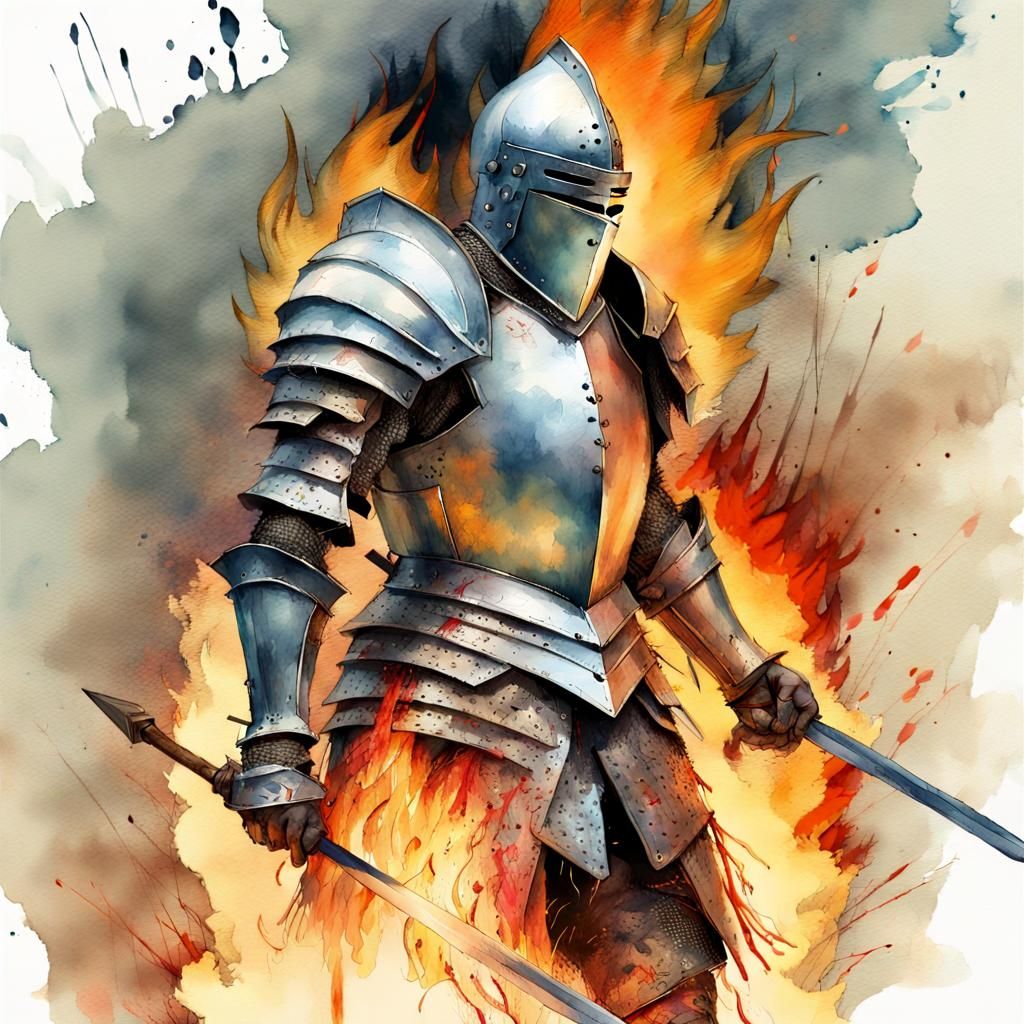 Burning Knight in Digital Watercolor Illustration