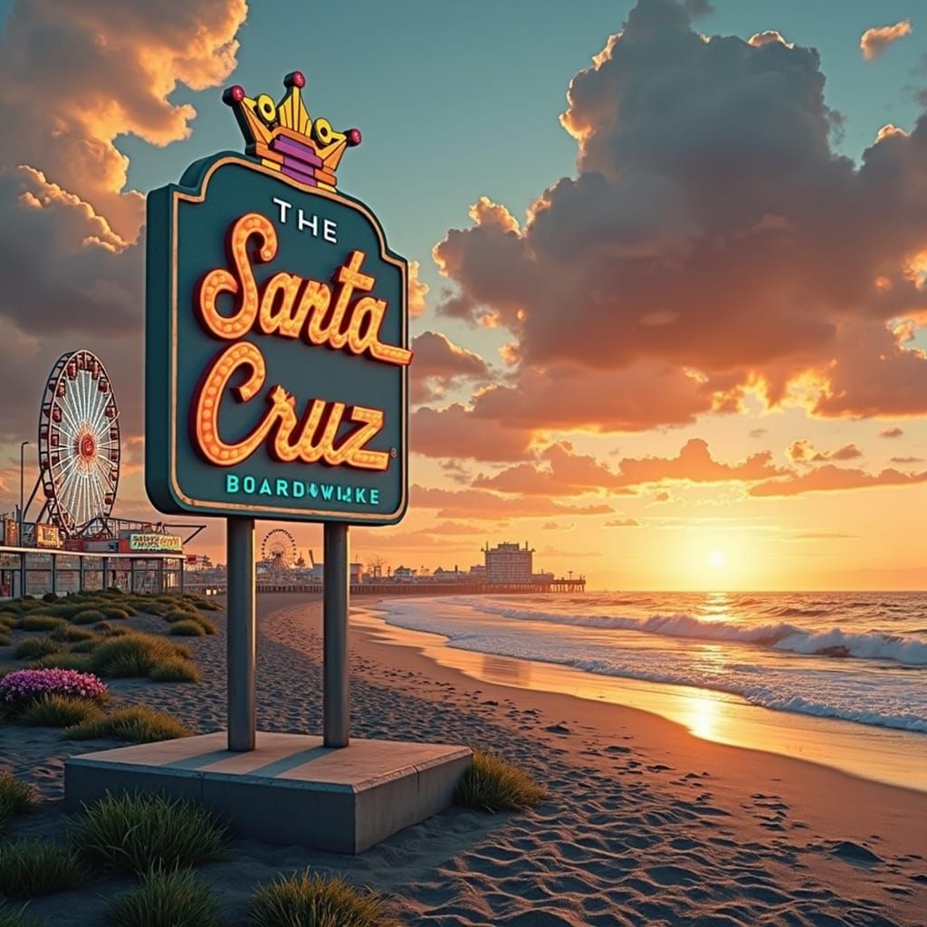 Santa Cruz Boardwalk Sunset: Retro Fantasy Concept Art