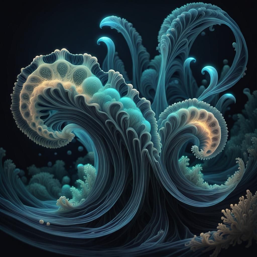 Bioluminescent Creatures in Deep Ocean, 3D Render