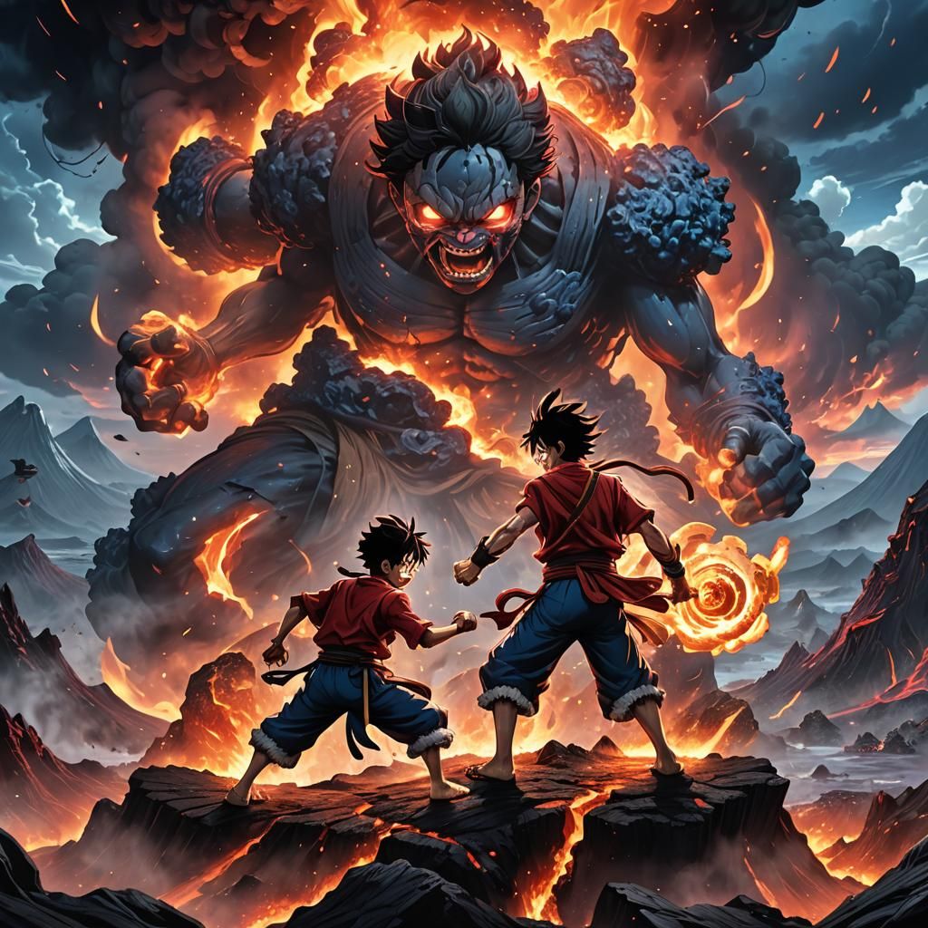 Luffy and Tanjiro Engage in Battle on Volcano