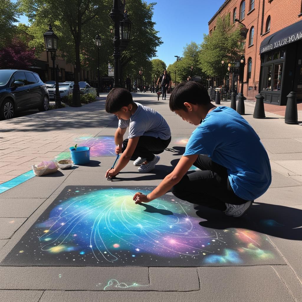 Mystical Chalk Art Scene with Iridescent Comets