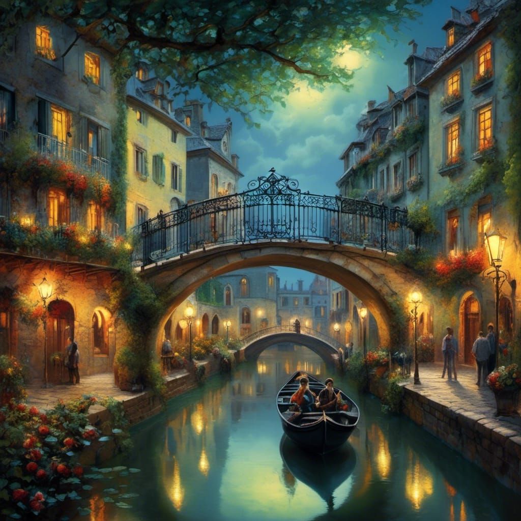 Venice Gondolas at Night in Surrealist Style