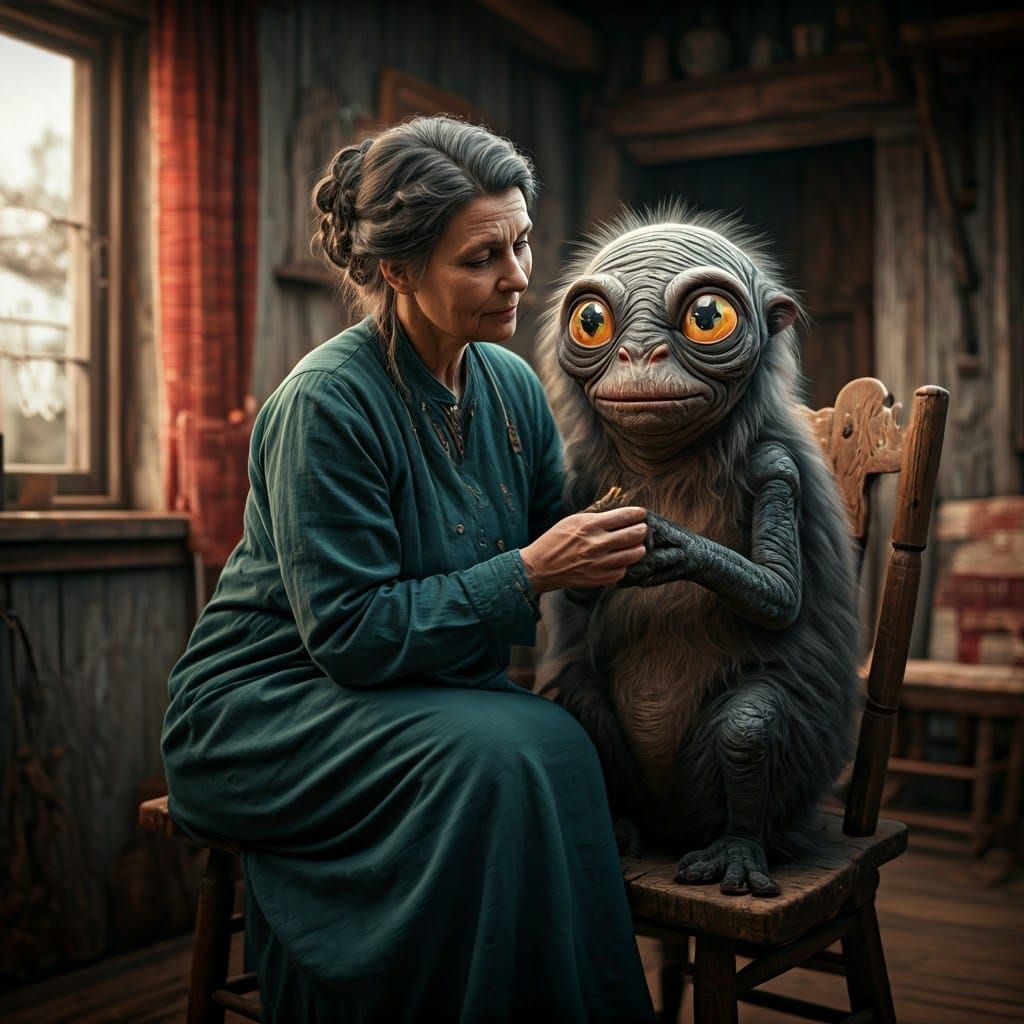 Ancient Woman Combs Alien Dog