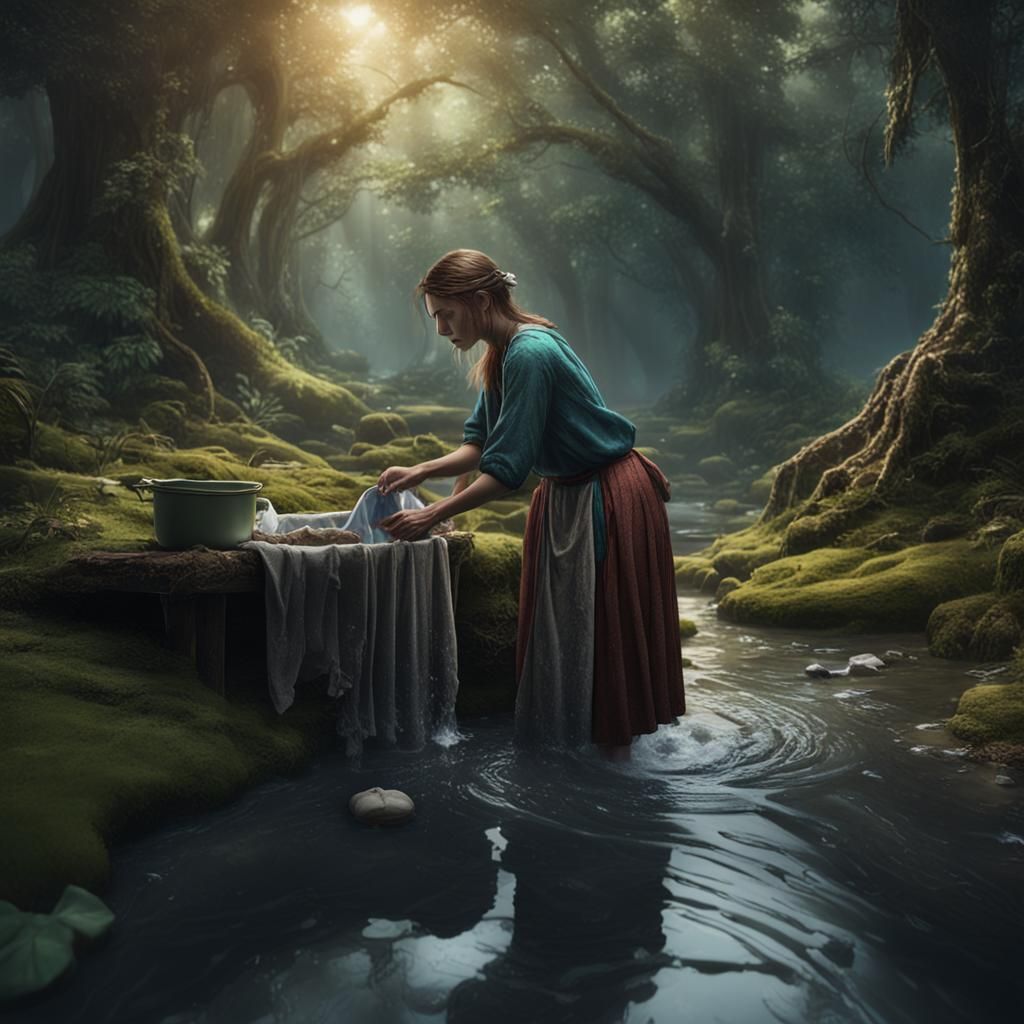 Forest Woman Washing Clothes: Detailed Matte Painting