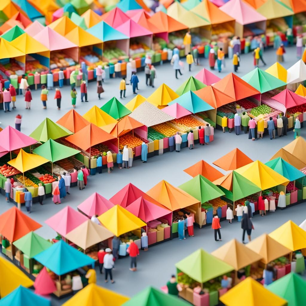 Colorful Food Market Scene in Origami Style