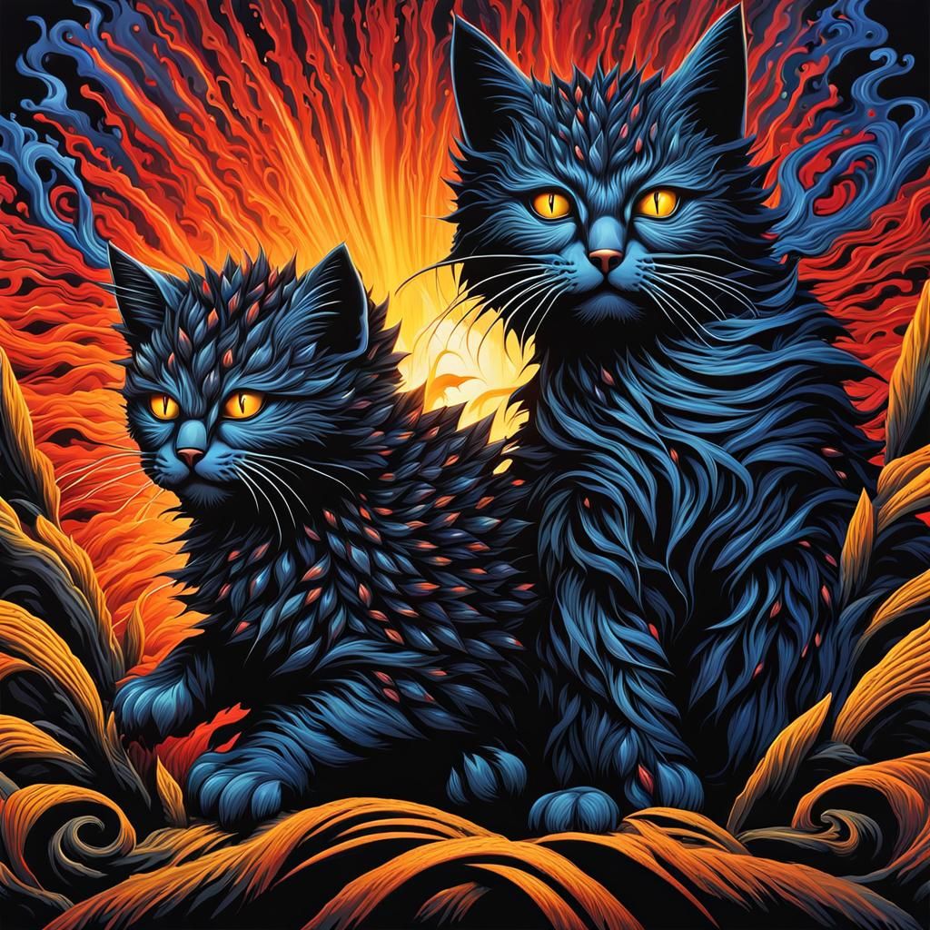 Ferrofluid Humanoid vs Ninja Cats in Kinetic Art