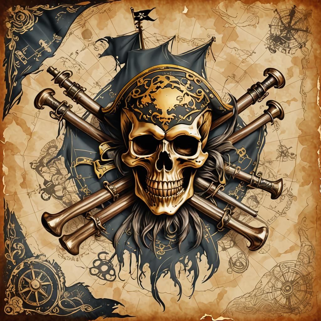 Ornate Pirate Flag with Skull in Golden Light