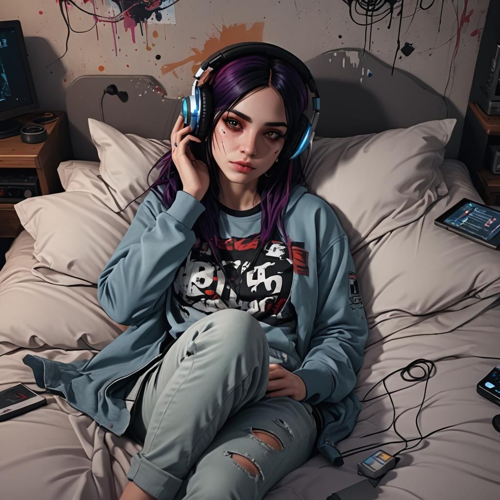 Emo Girl Listening to Music: Detailed Matte Painting