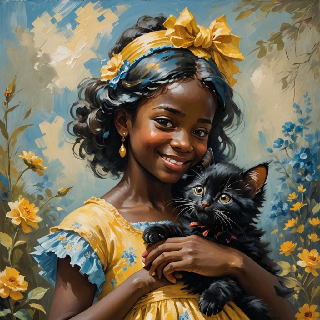 Girl and Kitten in Rococo Impressionist Style