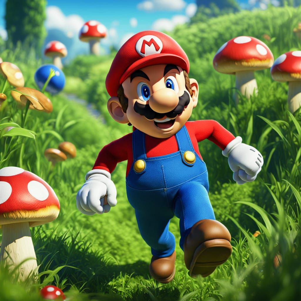 Mario Runs Through Mushroom Kingdom: Vibrant Cartoon Style
