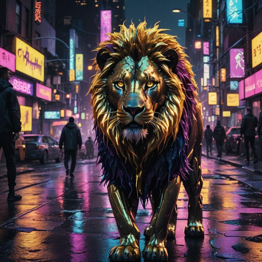 Cyberpunk Lion Striding Through Neon Cityscape