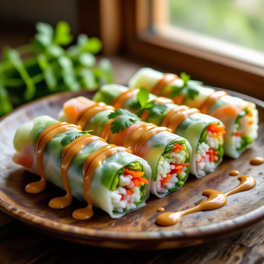 Vibrant Fresh Summer Rolls on Wooden Platter