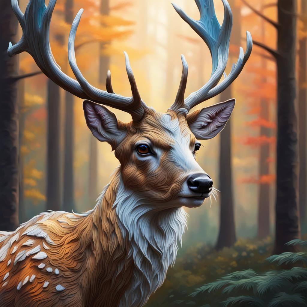 Hyperrealistic White Hart in Forest Concept Art