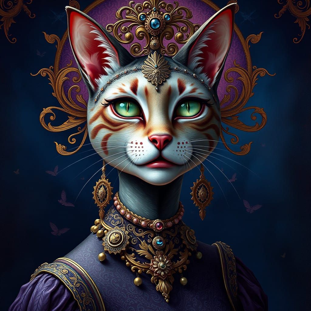 Mystical Feline Maiden in Dreamlike Pop-Surrealism