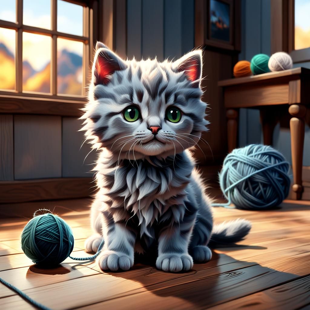 Fluffy Kitten with Yarn: Fantasy Concept Art