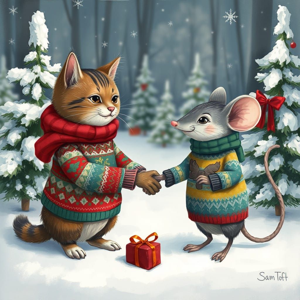 Friendly Feline and Rodent Gift Exchange in Winter Wonderlan...