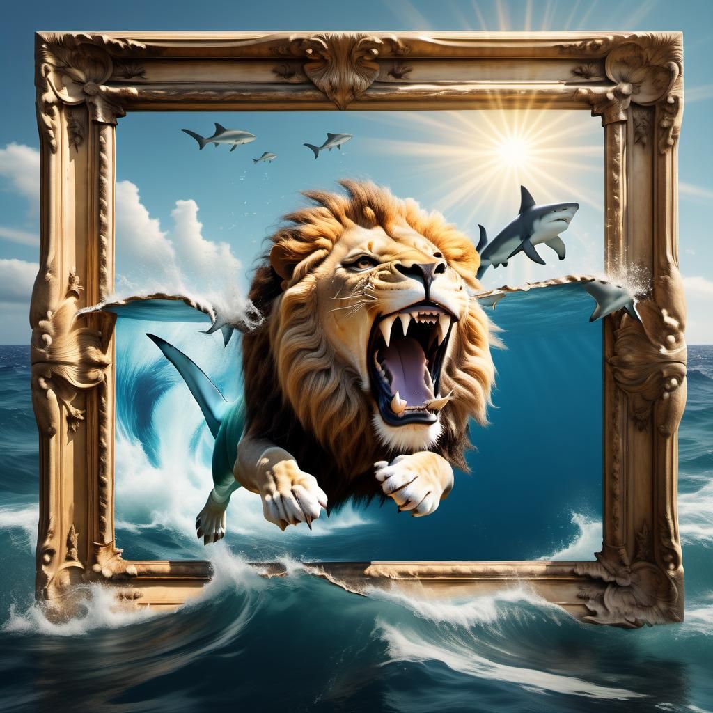 Lion with Shark Fins Jumps Through Picture Frame