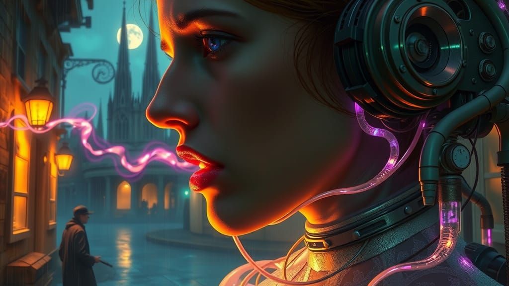 Anguished Woman in Ethereal Vortex of Biomechanical Technolo...