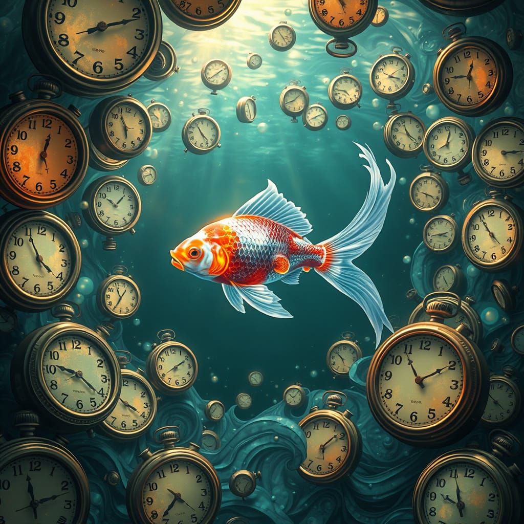 Luminous Koi Fish in Surreal Ocean of Floating Clocks