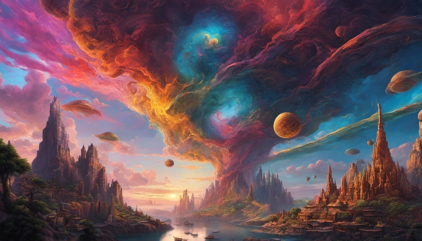 Psychedelic Dreamscape Digital Painting in Vibrant Neon Hues