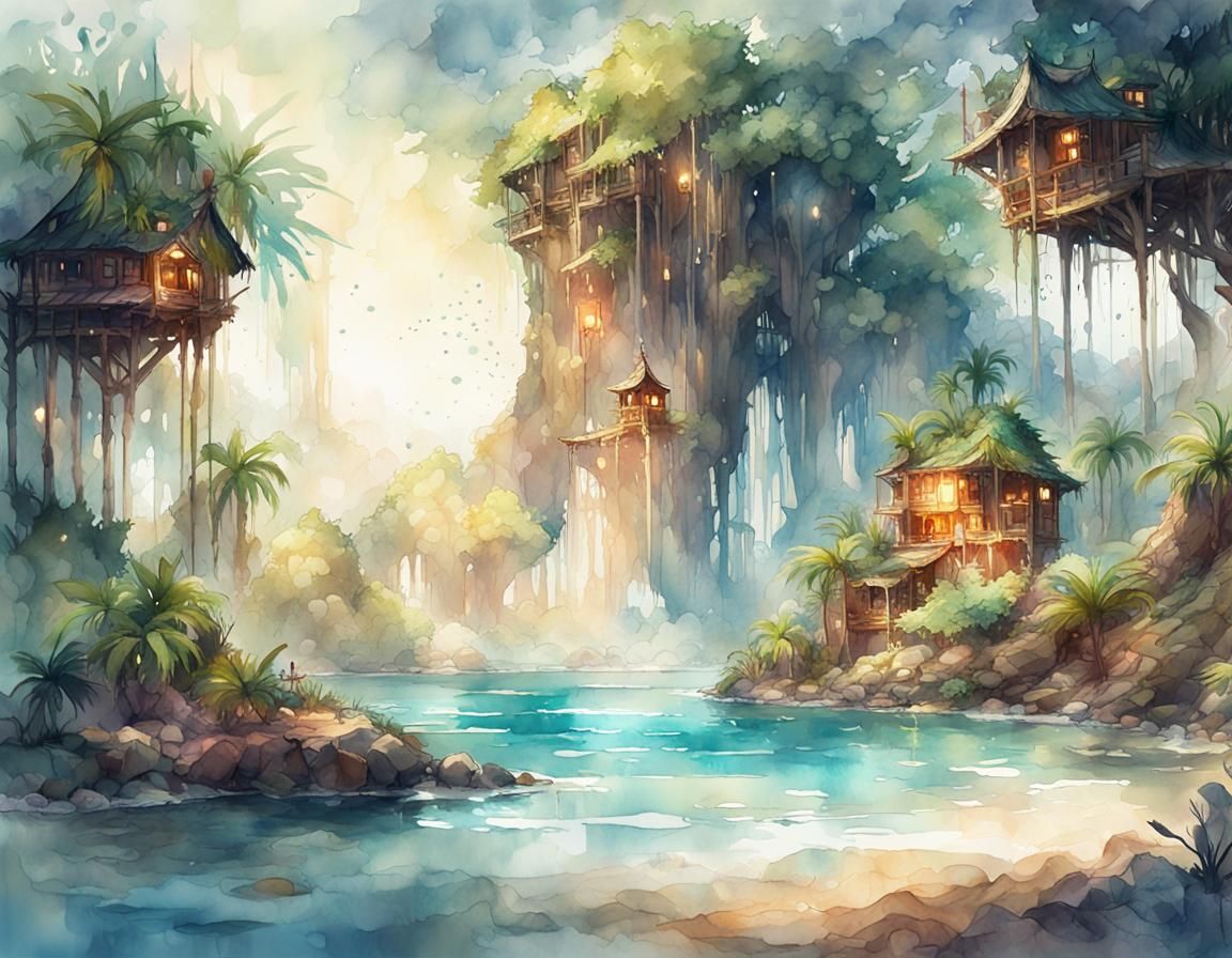 Island oasis, watercolor, splash art effect, Magical lumines...