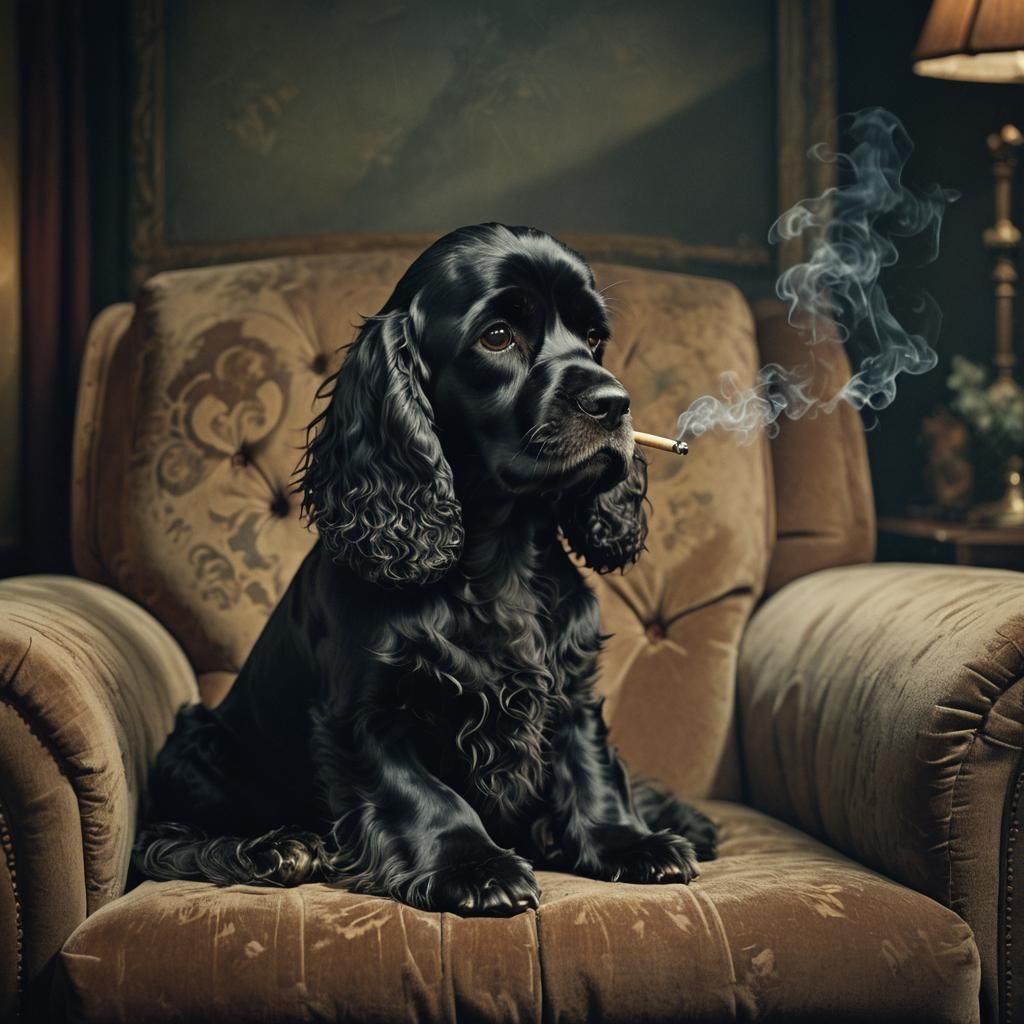 Sad Cocker Spaniel with Cigarette in Noir Film Still