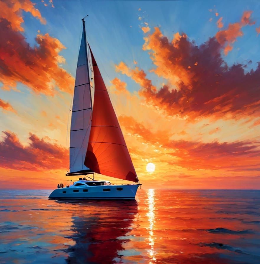 Sailing at Sunset in Vibrant Oil Painting Style