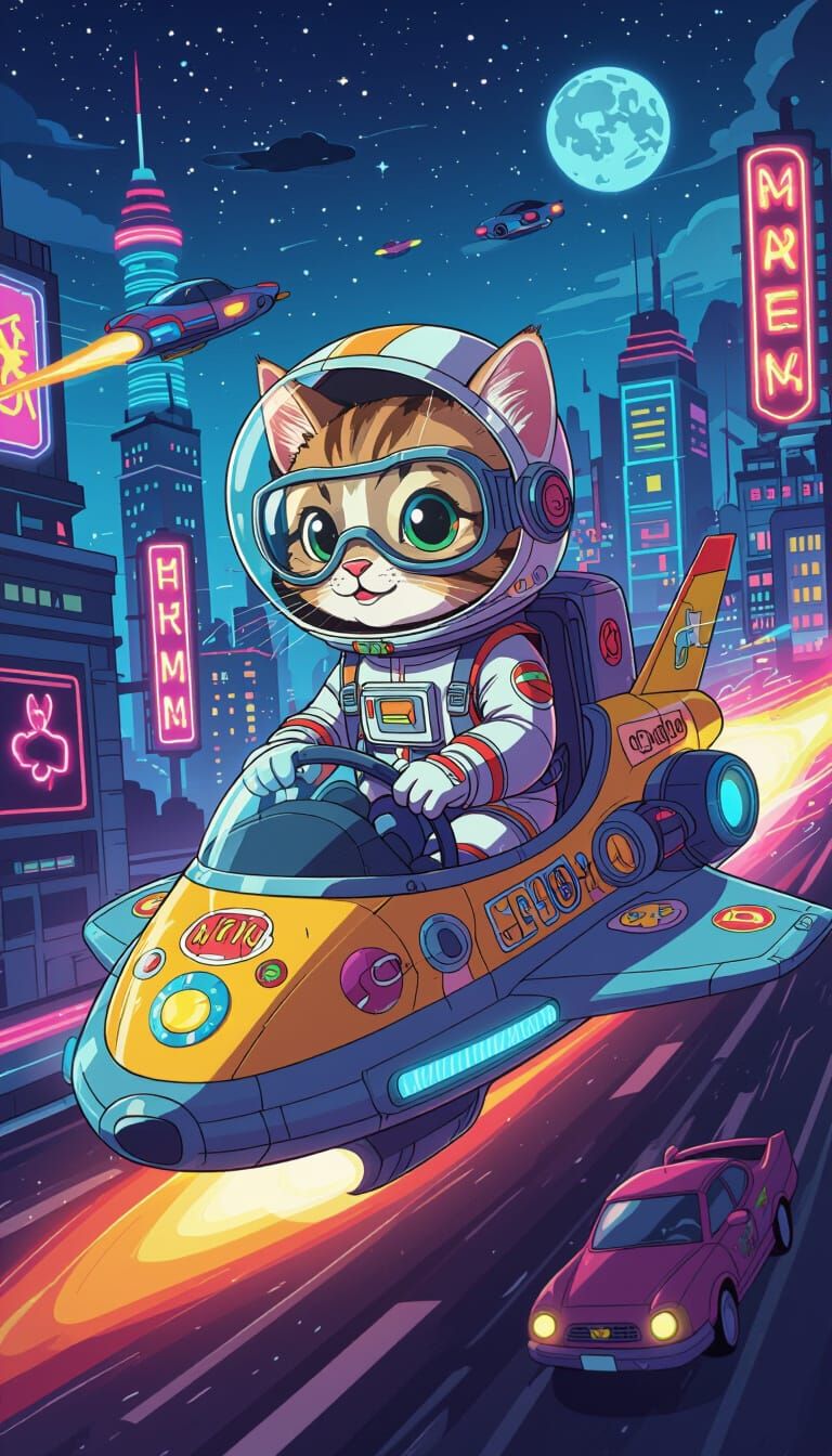 Kitten Pilot Soars Through Retro-Futuristic Cityscape
