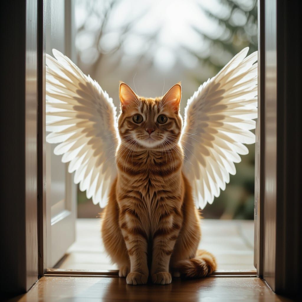 Orange Cat with Angel Wings at Open Door