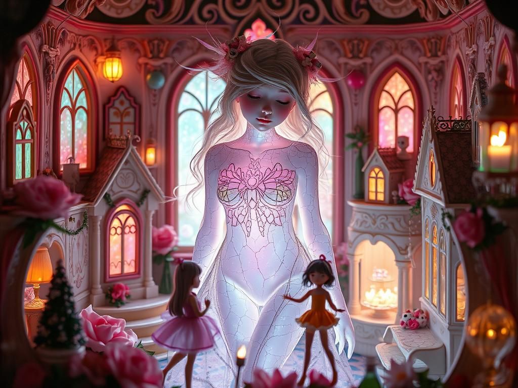 Ethereal Goth Girl in Fabergé Dollhouse, Enameled Glass Styl...