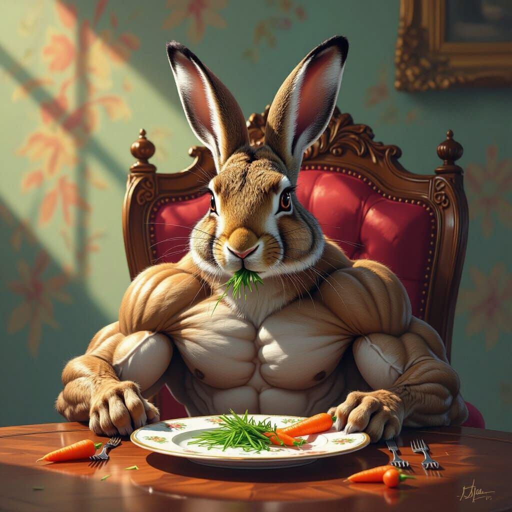 Muscular Hare in Dramatic Lighting, Eating from China Plate