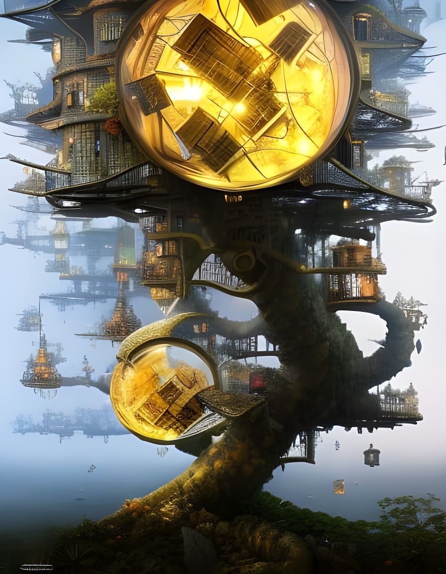 Dieselpunk Bonsai Village Treehouses as Digital Art
