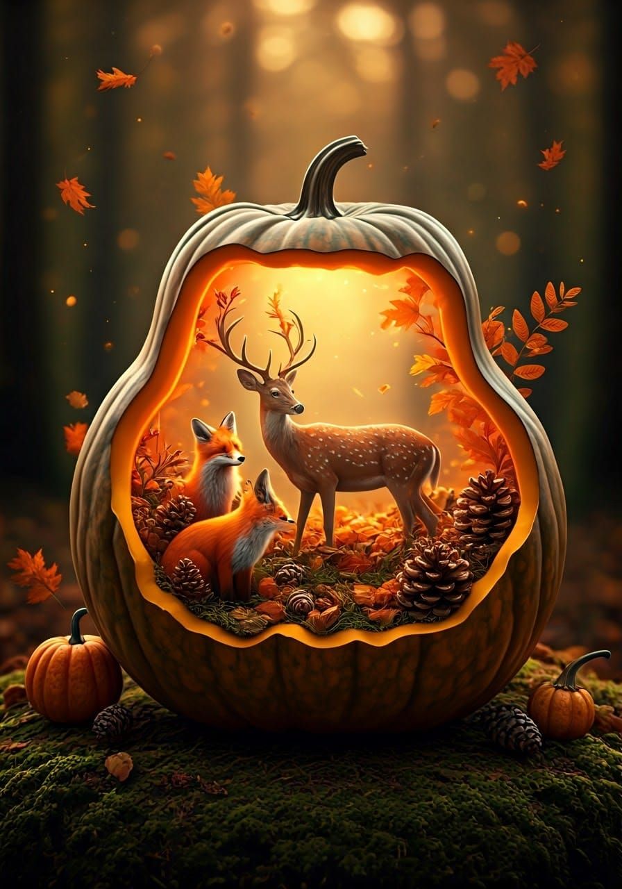 Woodland Scene Inside Gourd with Foxes and Deer