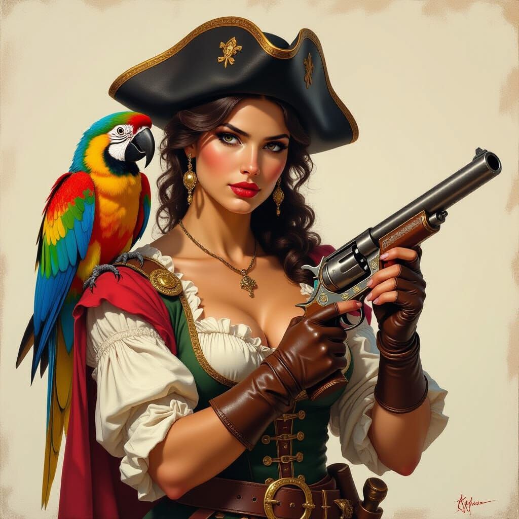 Renaissance Pirate Woman with Parrot Cleaning Pistol