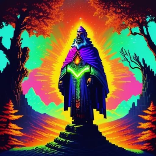 Retro pixel art. A lone wizard stands on a cliff overlooking...