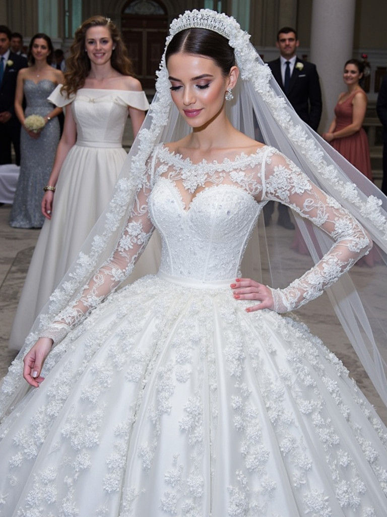 Elegant Bride in White Satin Tulle Wedding Gown