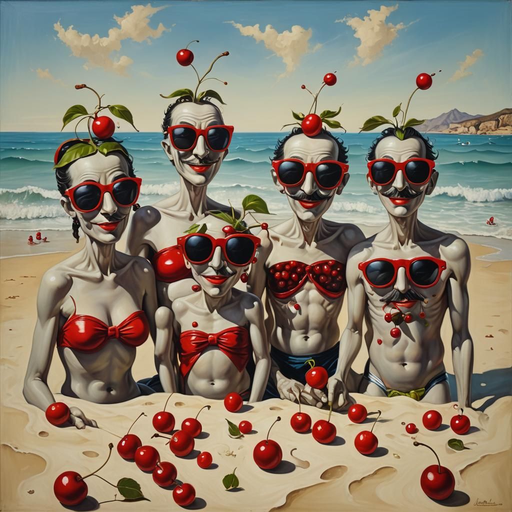 Cherries Enjoying a Beach Day in Surrealist Style