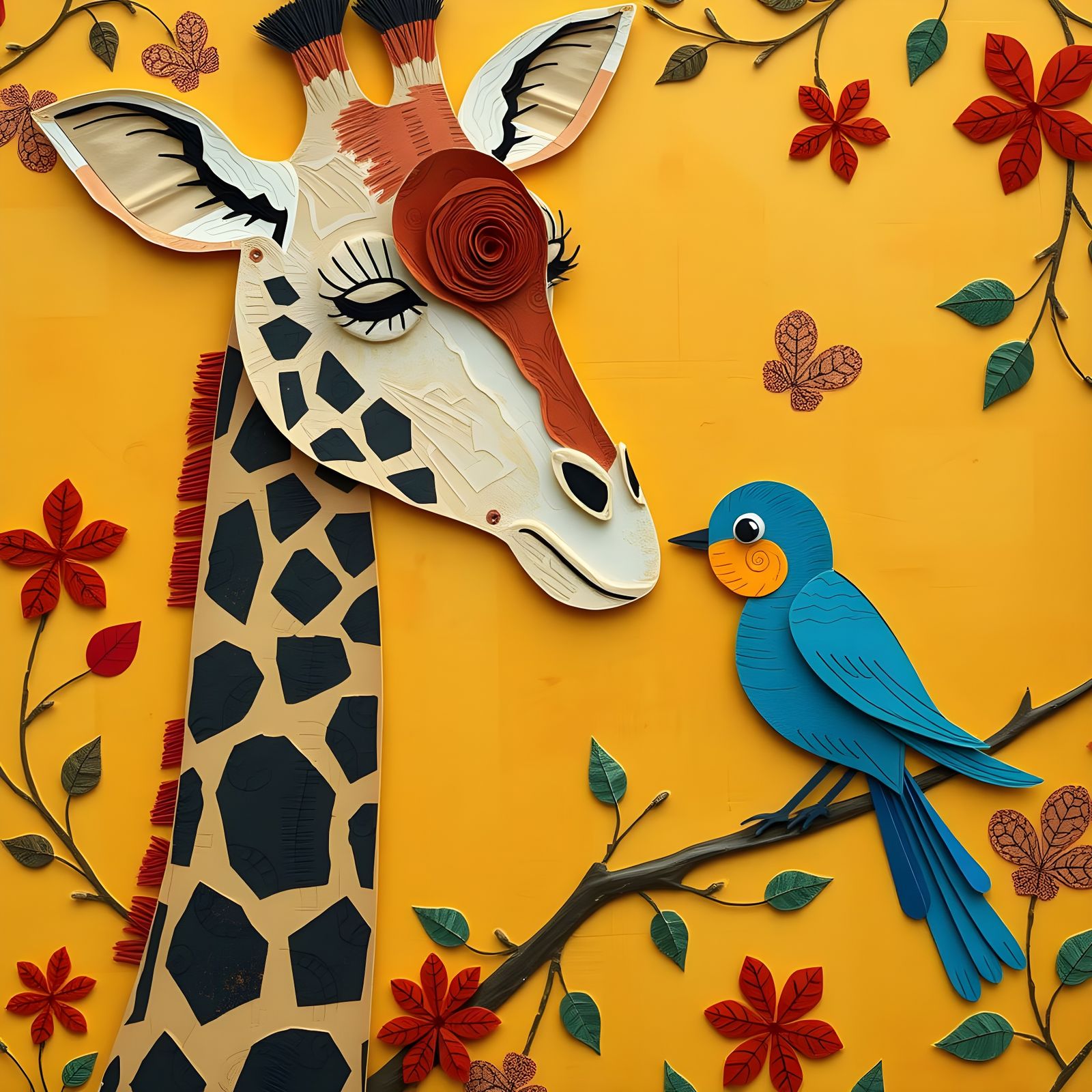 Vibrant Paper Collage: Giraffe and Blue Bird