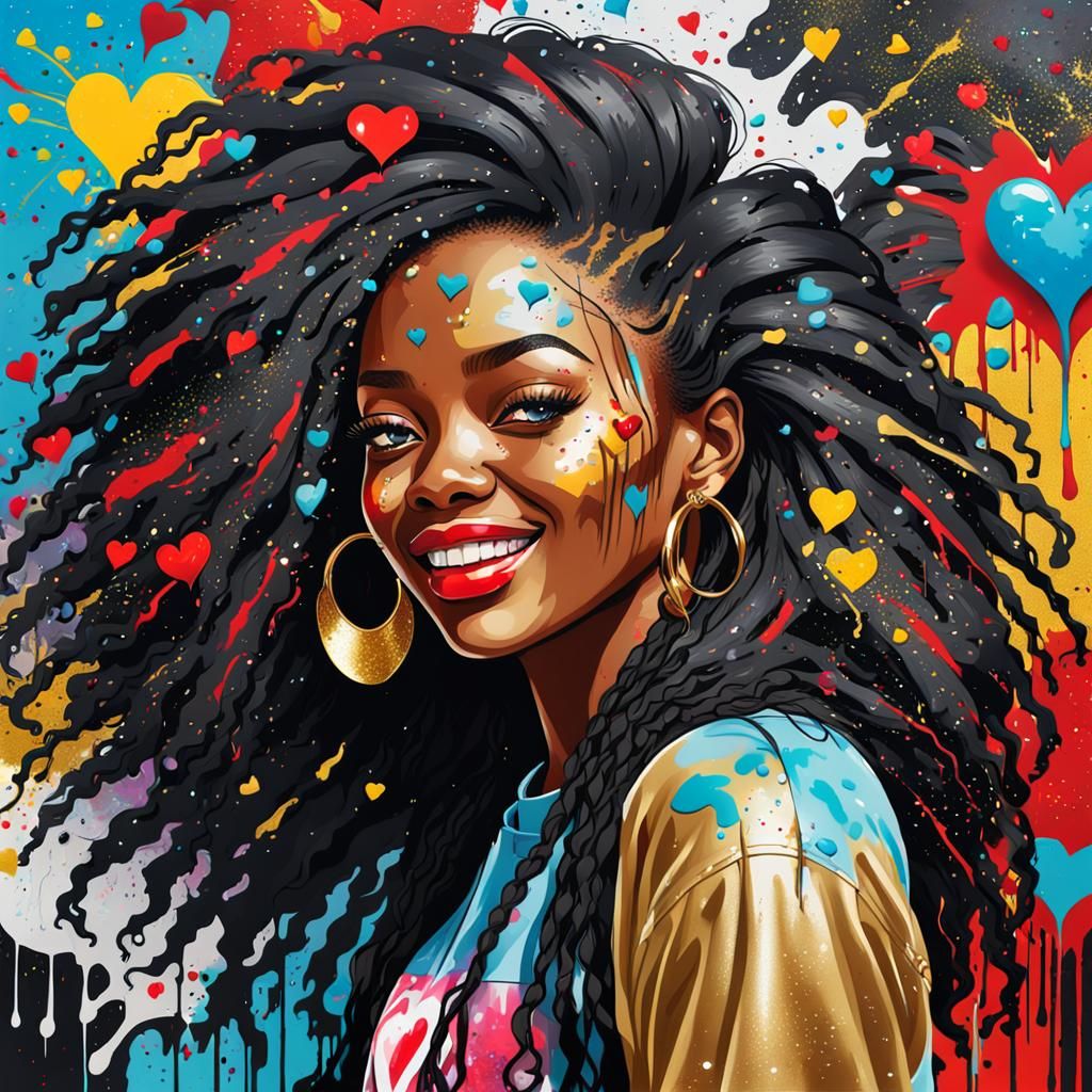 Afro Girl in Graffiti Art with Gold Crystals