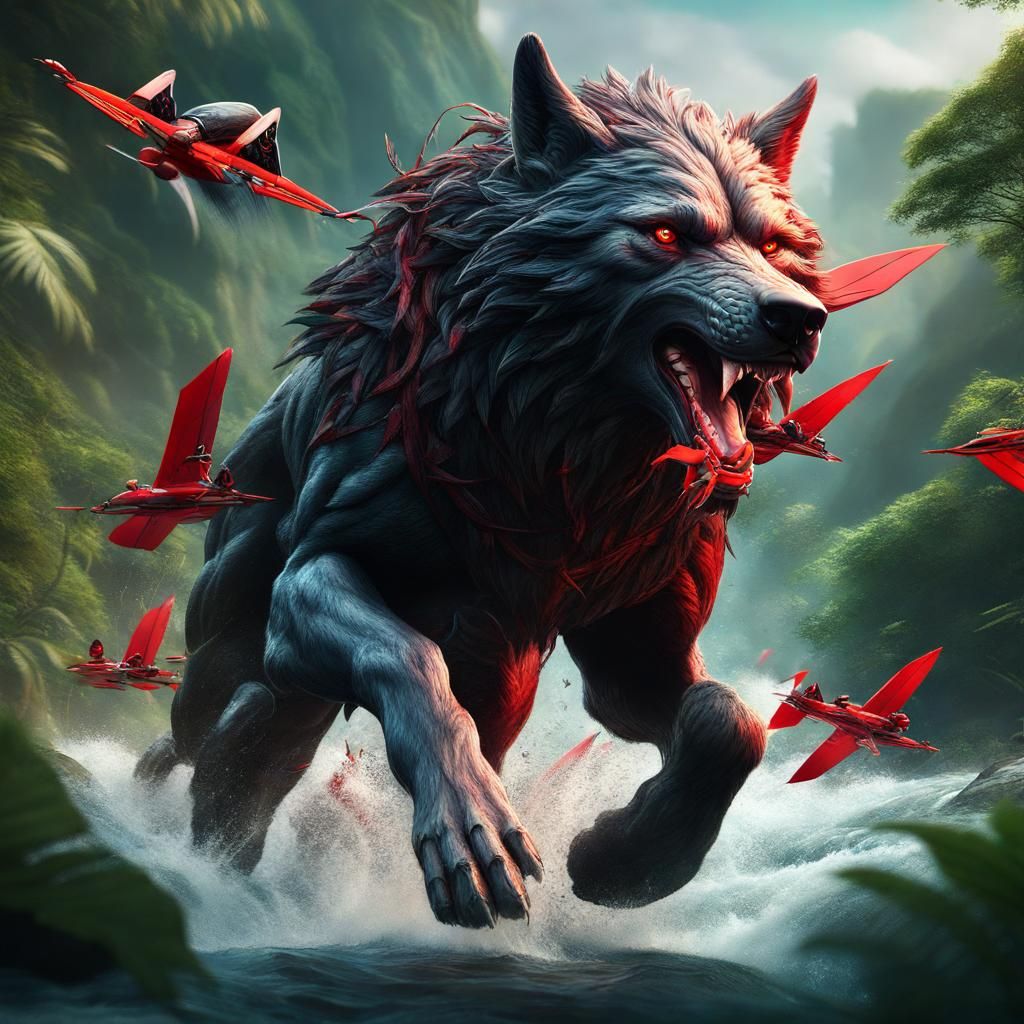 Holy Wolf Sprinting Across Jungle River