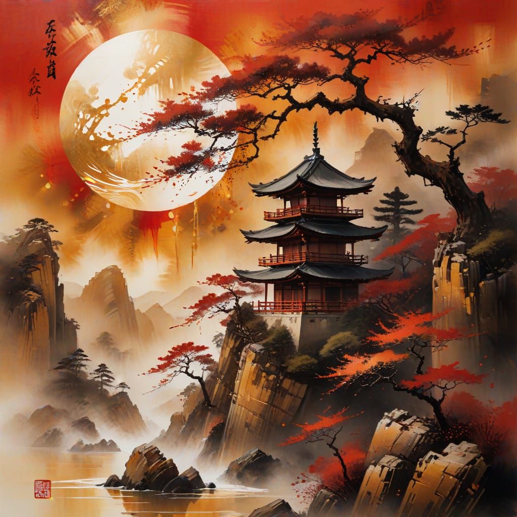 Ancient Japanese Architecture on Cliff in Turner-Inspired Wa...