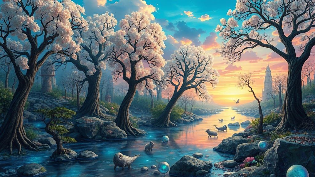 Ethereal Surreal Landscape with Crystal Trees and Liquid Opa...