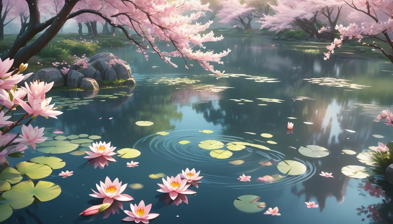 Serene Pond with Pink Lilies: 3D Anime Art