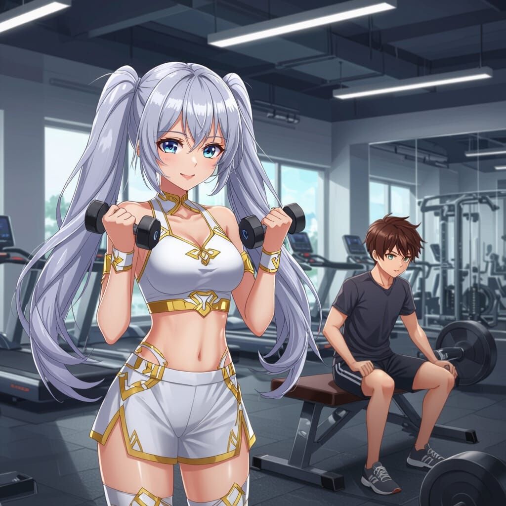 Anime Gym Scene: Cheerful Woman Lifts Dumbbells With Determi...