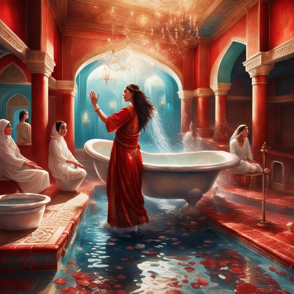 Arabian Bathing Scene in Hyperrealistic Splash Art