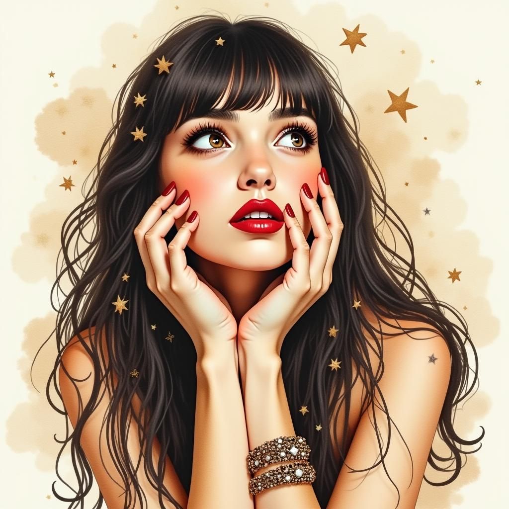 Dreamy Watercolor Portrait of Woman with Red Lipstick