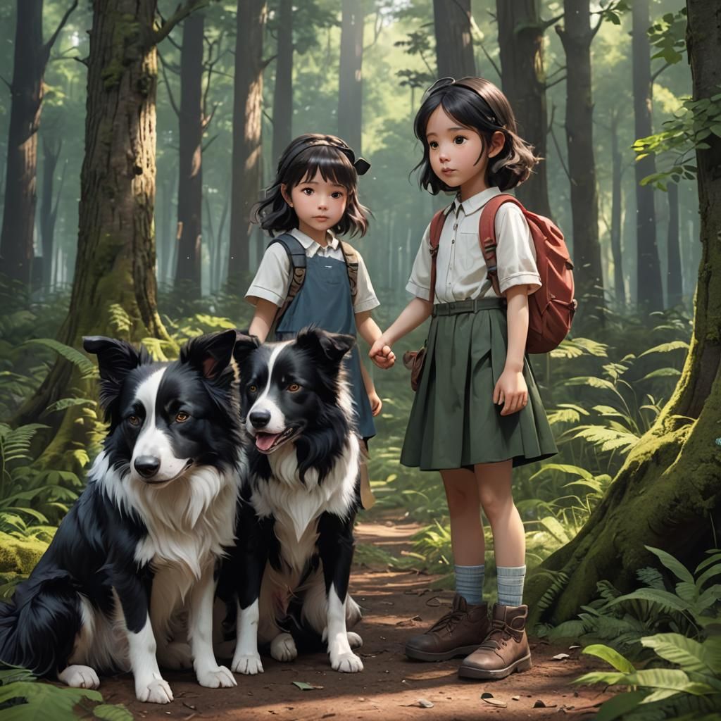 Little Girl and Border Collie in Anime Forest
