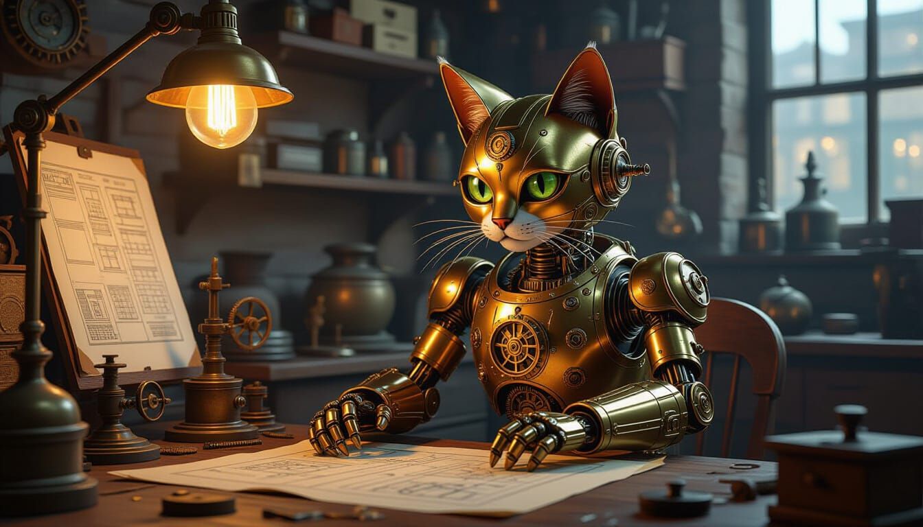 Steampunk Robot Cat Tinkering in Workshop