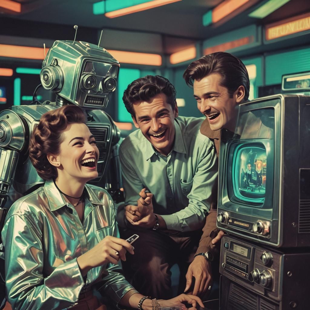 Retrofuturistic Robot Laughing on Vintage TV